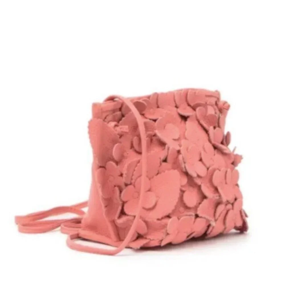 T Tahari 3D Greta Leather Flowers Appliques Pink Crossbody Handbag